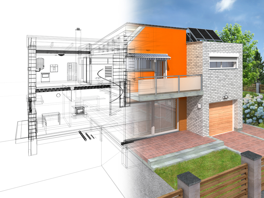 Split screen: A modern house on one side and development plans on the other
