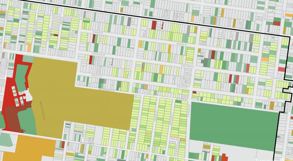 Property map showing zoning, overlays, block size, frontage, etc.