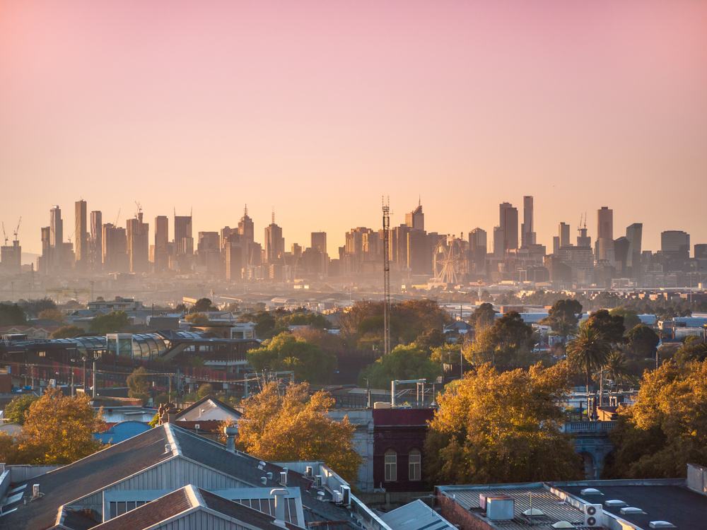 View of Melbourne suburbs with CBD skyscrapers in the distance